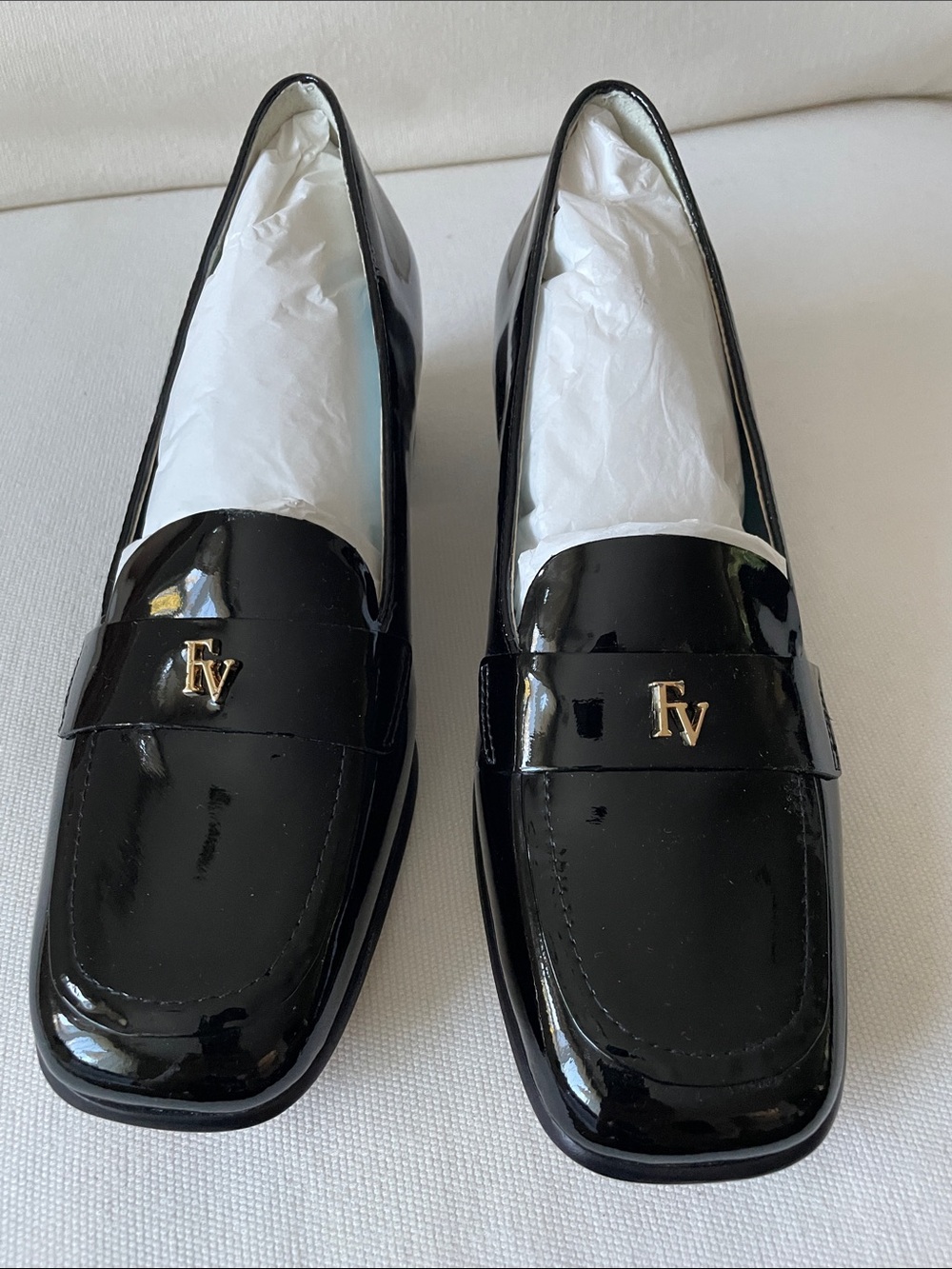 Frances Valentine Black Patent Leather Heeled Loafers with Gold FV Logo
